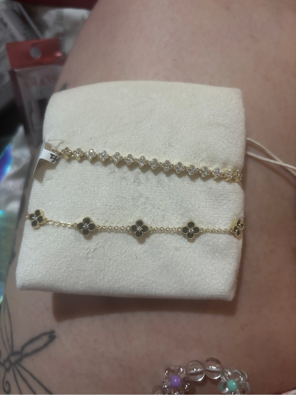 Gold-Tone Mens Bracelet with Black Accent Clovers
